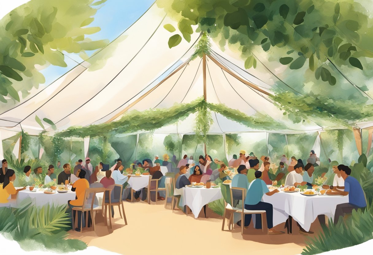 Halal funeral catering in Ottawa; a group of people gather under a large tent, surrounded by lush greenery. Tables are adorned with traditional halal dishes, while soft light filters through the canopy, creating a warm and comforting atmosphere