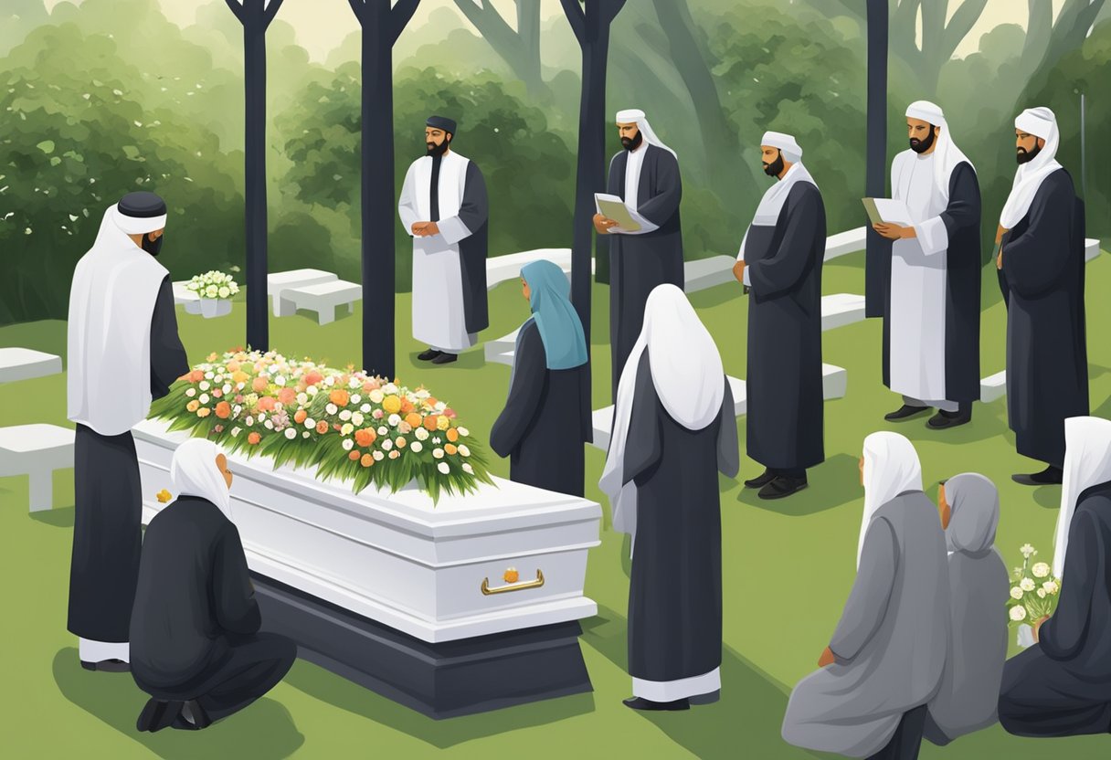 A group of people gather in a peaceful setting, surrounded by symbols of respect and compassion. The atmosphere is solemn yet comforting, honoring the traditions of Halal funeral catering services