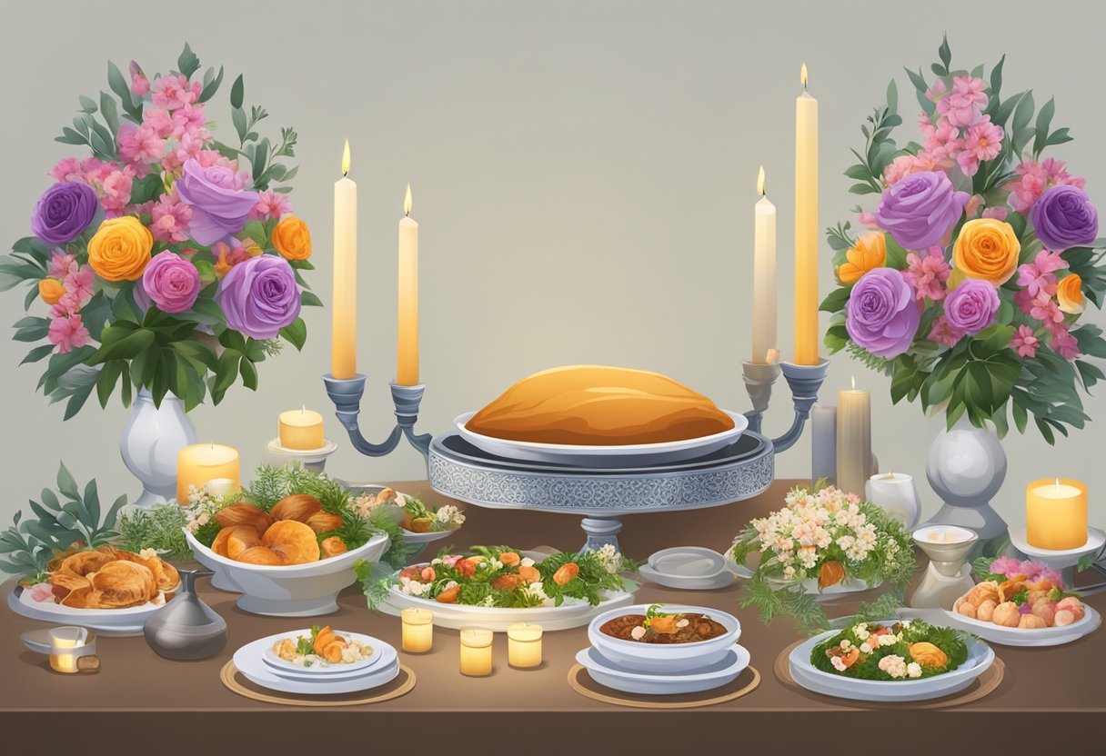 A table set with traditional halal funeral catering dishes, surrounded by somber floral arrangements and candles, symbolizing compassion and respect for bereaved families