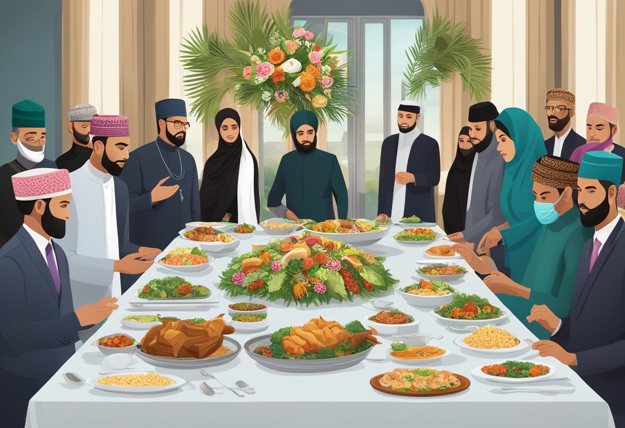 A group of people gather around a table set with traditional Halal funeral catering, including dishes and utensils that honor cultural traditions and show compassion