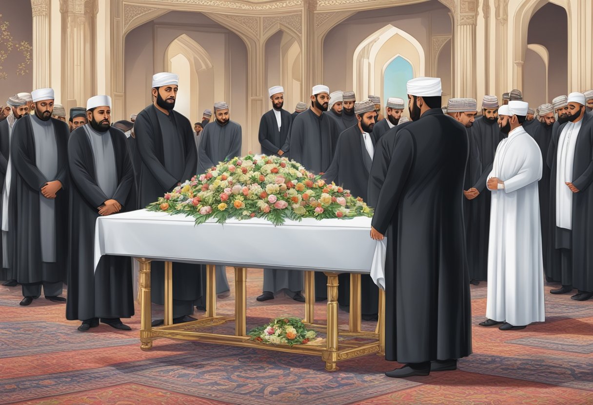 A table adorned with traditional halal funeral catering, surrounded by mourners in a solemn yet compassionate setting