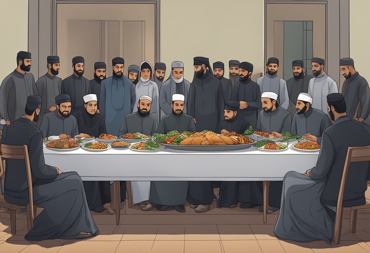 A group of people gather around a table filled with traditional halal funeral catering, sharing a meal in a somber yet compassionate atmosphere