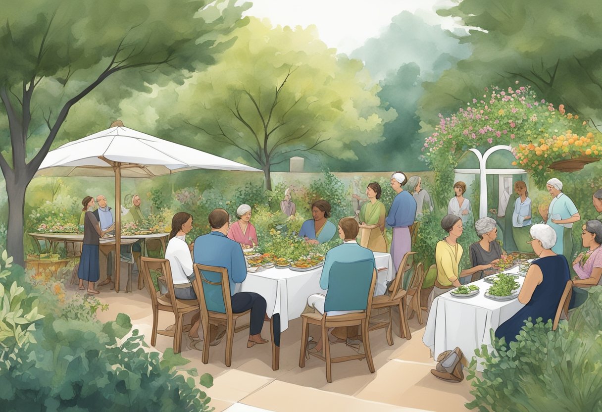 Vegan funeral catering in Ottawa; A serene garden setting with a table adorned with an array of plant-based dishes, surrounded by mourners in respectful conversation
