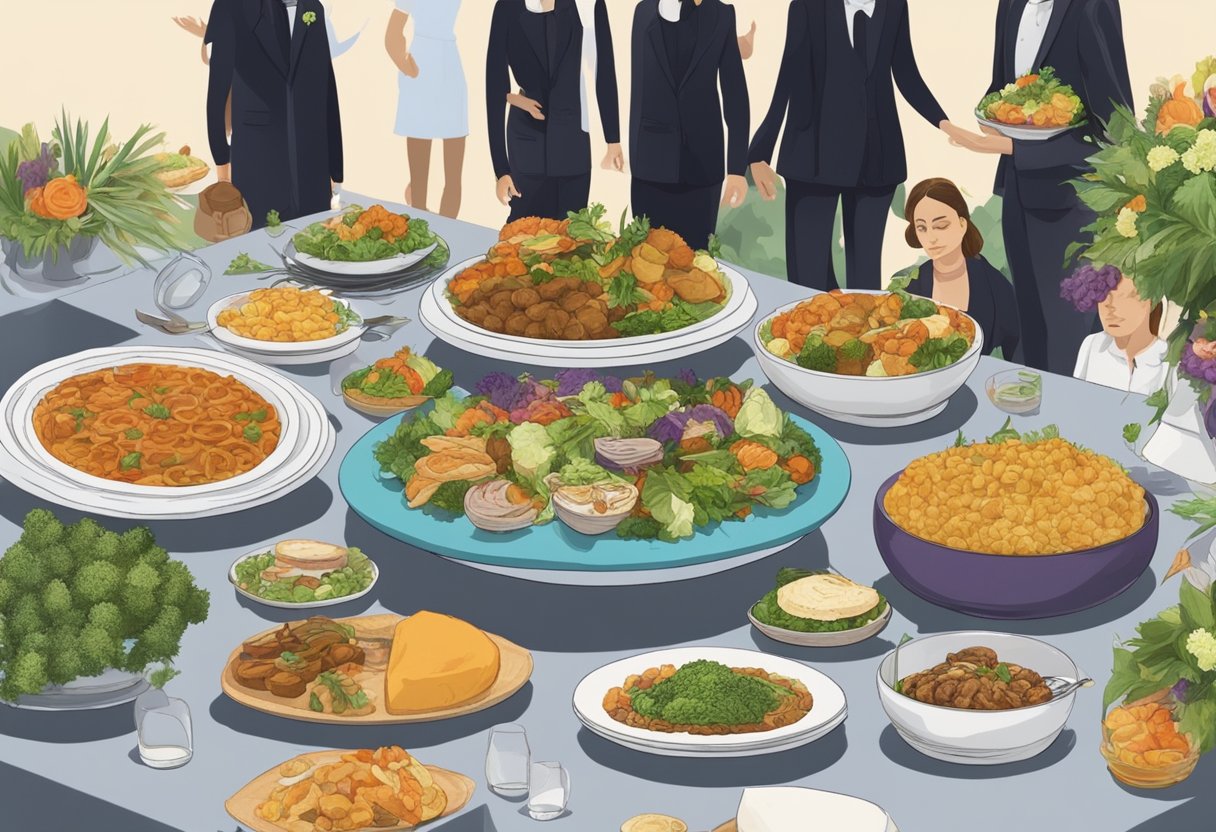 A table set with a variety of vegan dishes, surrounded by mourners at a vegan funeral catering reception