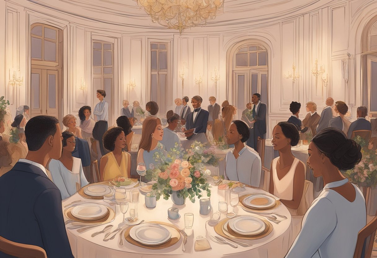 A solemn gathering in a softly lit room, with a long dining table adorned with elegant vegan funeral catering dishes and floral arrangements. Gentle music plays in the background as guests share stories and memories