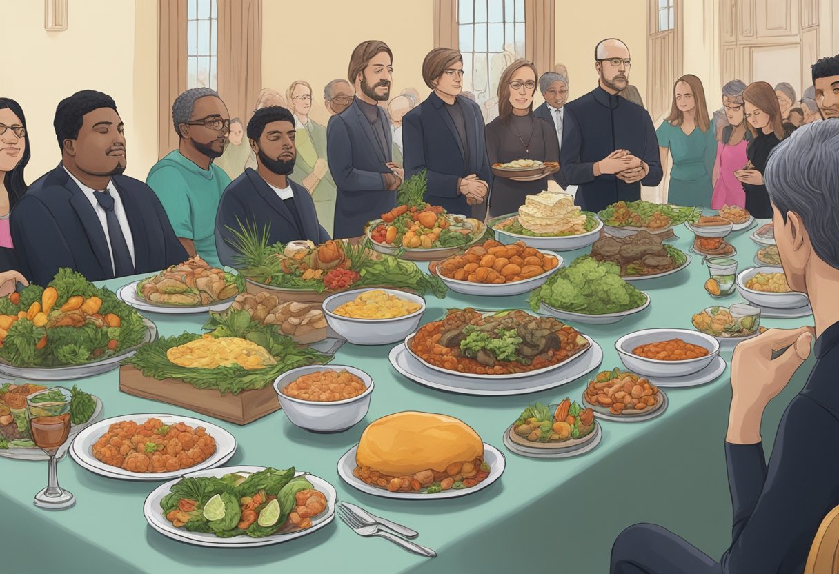 A table set with a variety of vegan funeral catering dishes, surrounded by mourners at a funeral in Ottawa