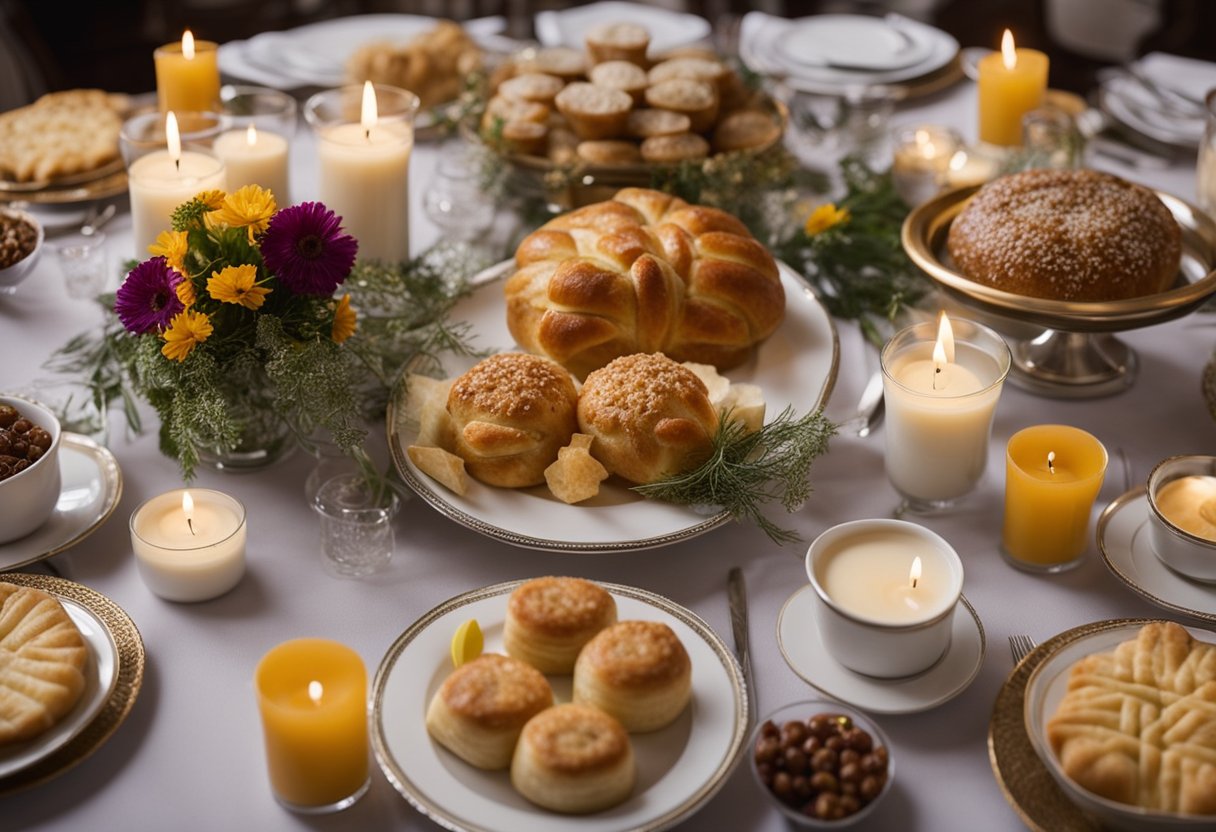Kosher funeral catering Ottawa; A table set with traditional Jewish funeral foods, including kugel, matzo ball soup, and challah bread. Flowers and candles adorn the display