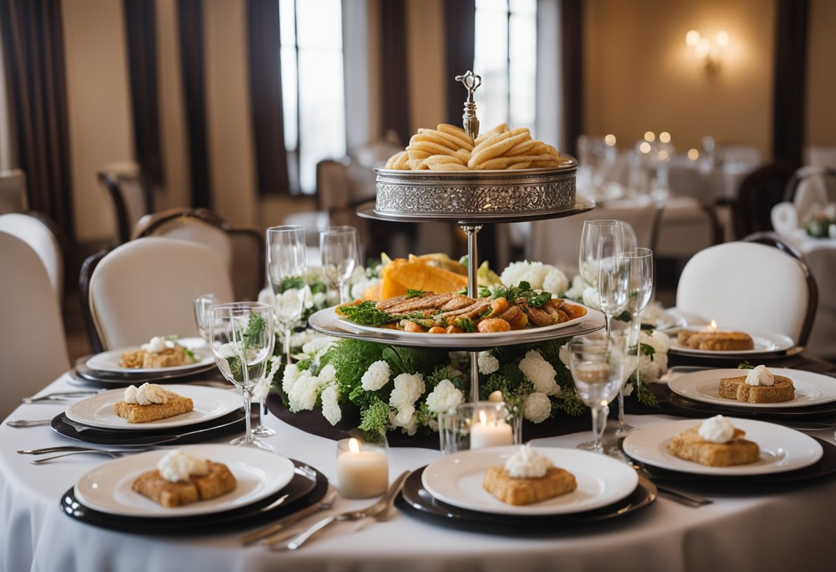 A table set with kosher funeral catering in Ottawa, featuring traditional Jewish dishes and a tasteful arrangement of food and drink