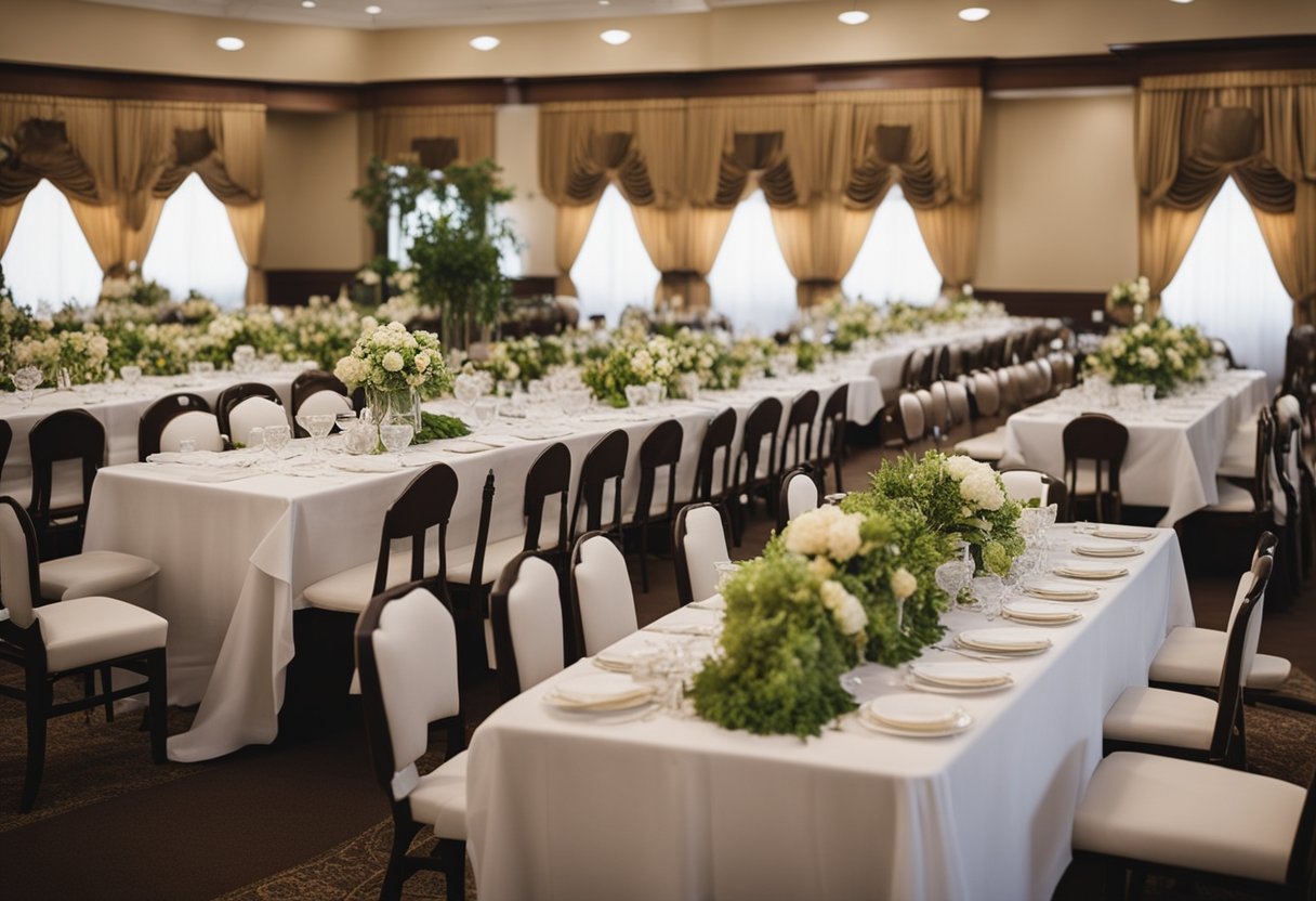 A solemn gathering at a funeral home with tables set for a kosher funeral catering event in Ottawa, featuring traditional Jewish dishes and decor