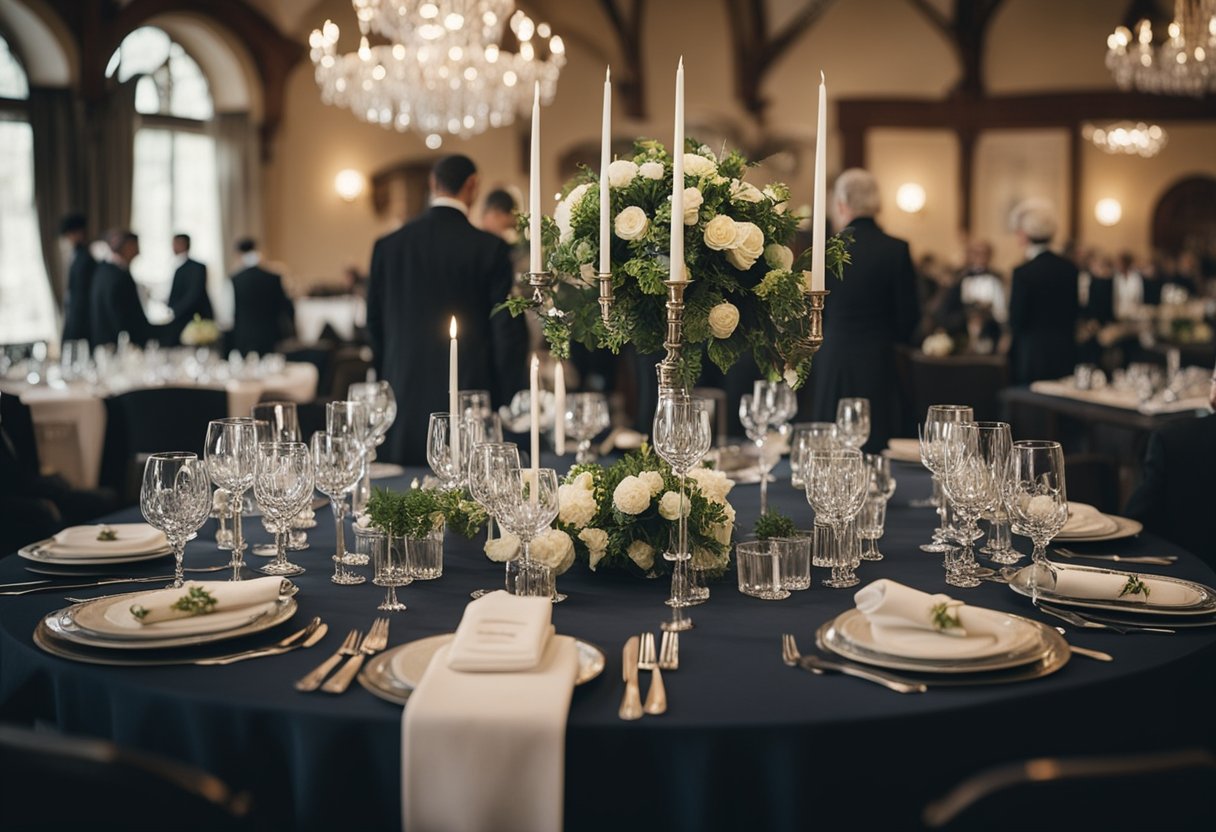 A somber gathering with tables set for a kosher funeral catering service in Ottawa, featuring traditional Jewish dishes and decor