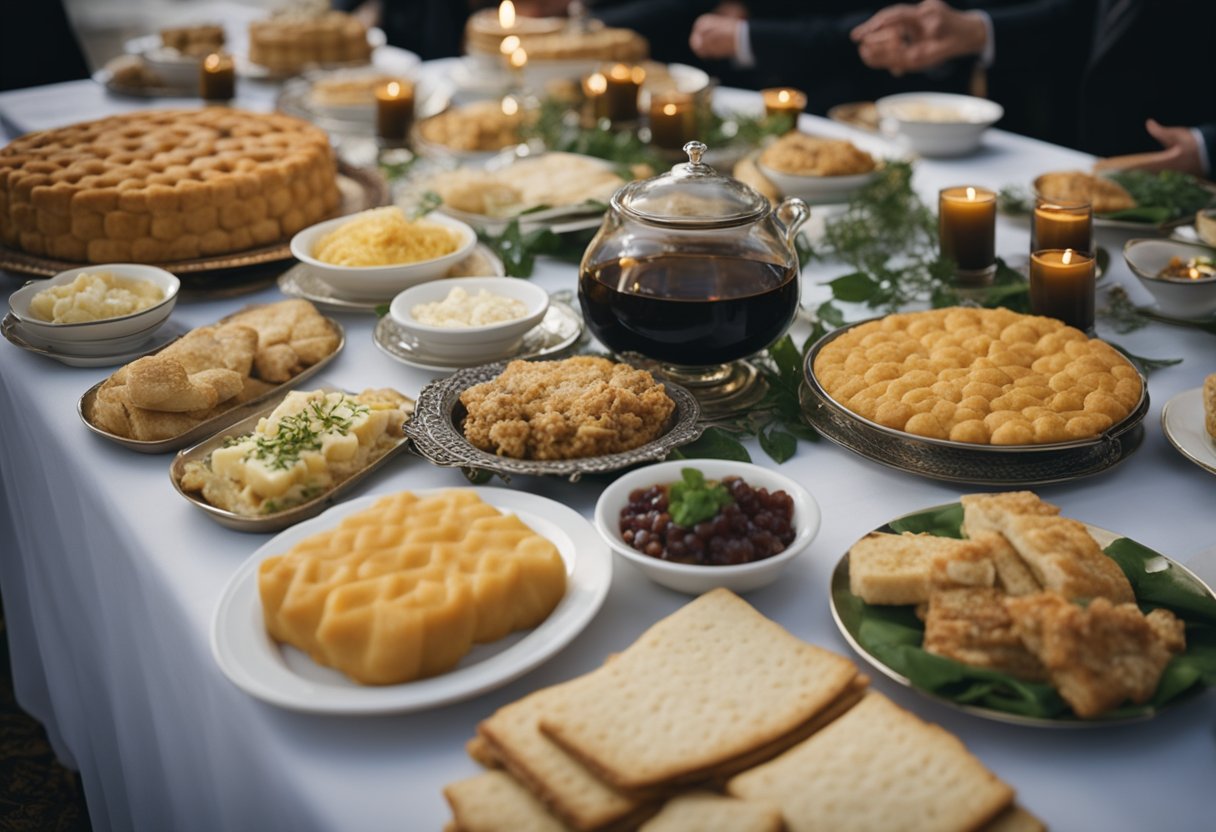 A table set with traditional Jewish kosher funeral catering foods in Ottawa, including kugel, gefilte fish, and matzah, surrounded by mourners in a solemn gathering