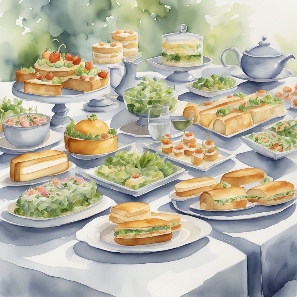 A table set with an array of gluten-free funeral catering in Ottawa options, including sandwiches, salads, and desserts, all elegantly presented on platters and serving dishes