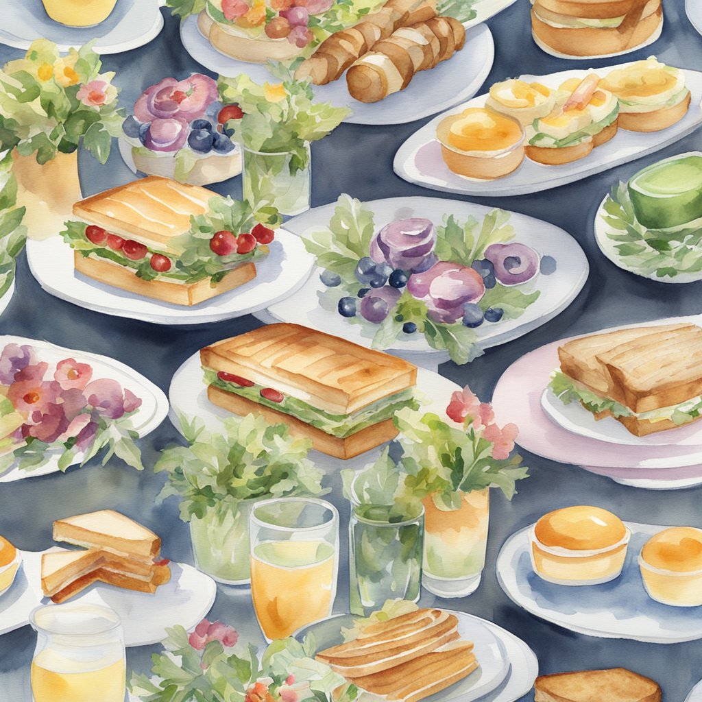 A table set with a variety of gluten-free funeral catering in Ottawa, all elegantly arranged with floral decorations