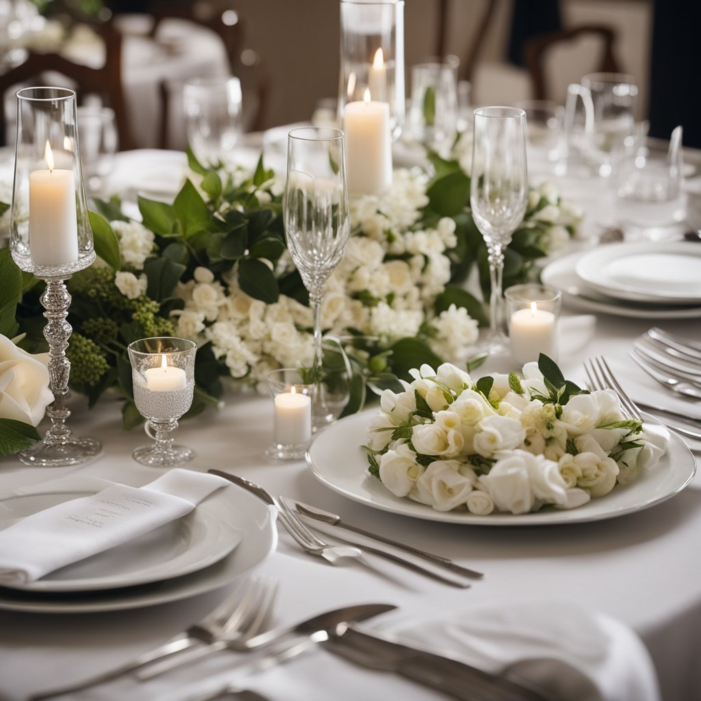 A table set with elegant white linens, silverware, and floral centerpieces. Plates of delicate finger foods and beverages arranged for a funeral catering reception in Ottawa