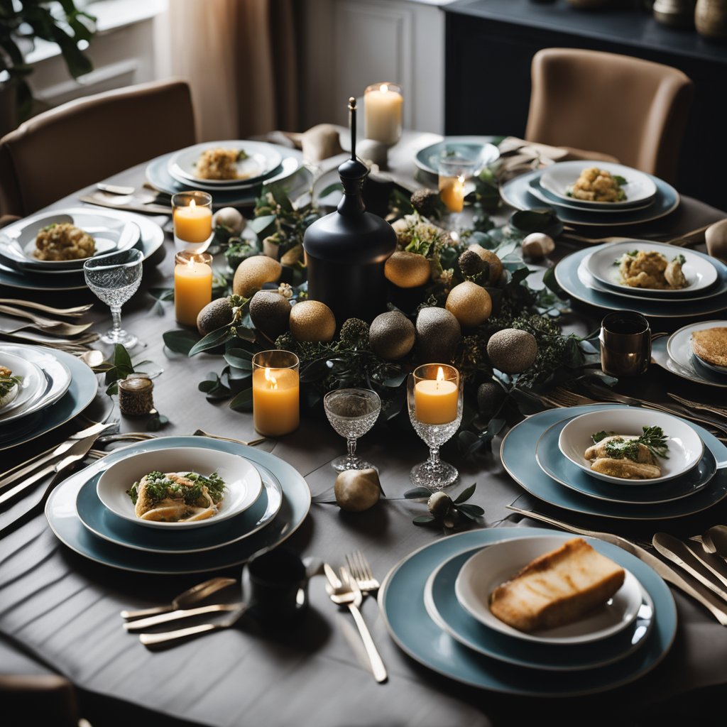 A table set with elegant and somber funeral catering, surrounded by grieving family members and friends in a tastefully decorated room in Ottawa