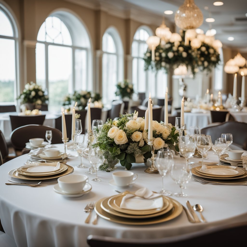 A funeral catering with elegant place settings and a variety of food and drink options, surrounded by grieving family members and friends in a tastefully decorated funeral home in Ottawa