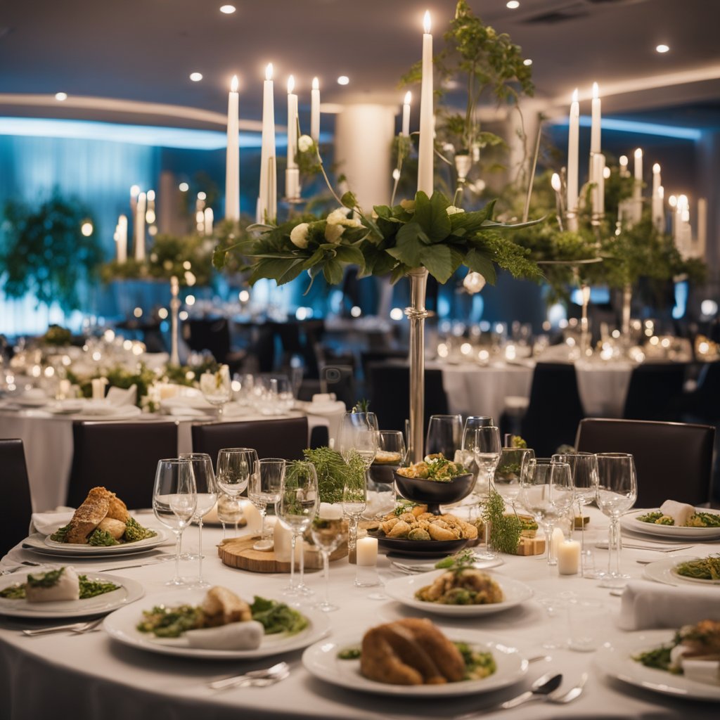 A tastefully funeral catering with elegant place settings and a buffet of gourmet dishes, surrounded by mourners in a serene and comforting atmosphere in Ottawa