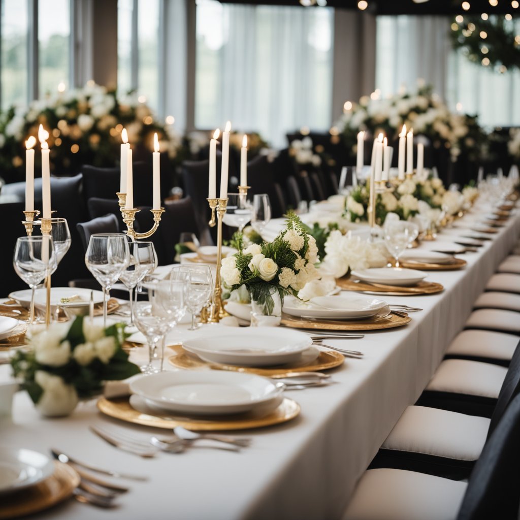 A catering with elegant place settings and food platters, surrounded by grieving families and friends at a funeral reception in Ottawa